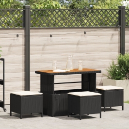 Conjunto de Comedor de Jardín de 4 Piezas con Cojines Negros de Poliratán y Acacia