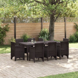 Conjunto de Comedor de Jardín de 9 Piezas con Cojines Marrón Rattan Sintético