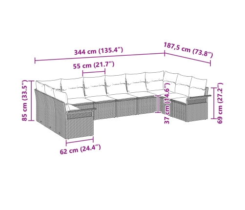 Set de Sofá de Jardín de 10 Piezas con Cojines Ratán Sintético Beige