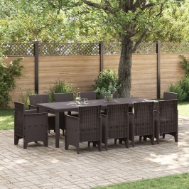 Conjunto de 11 Piezas de Comedor de Jardín con Cojines Marrón Ratán Poliéster