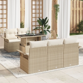 Juego de Sofá de Jardín de 6 Piezas con Cojines Beige Polirratán