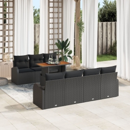 Conjunto de Comedor de Jardín de 8 Piezas con Cojines Negro Poliratán Acacia