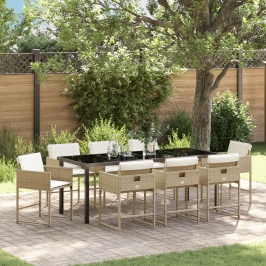 Set de Comedor de Jardín de 9 Piezas con Cojines Beige Ratán Polimérico
