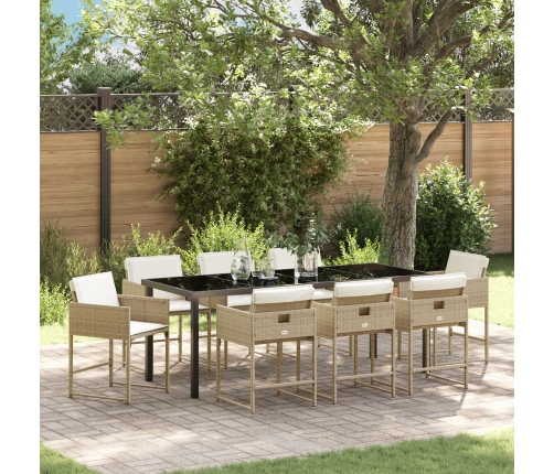 Set de Comedor de Jardín de 9 Piezas con Cojines Beige Ratán Polimérico