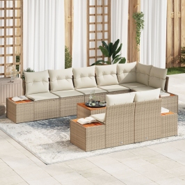 Juego de Sofás de Jardín de 9 Piezas con Cojines Beige Polirratán Acacia