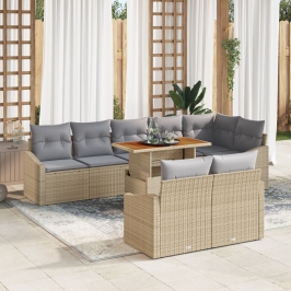 Juego de comedor de jardín de 9 piezas con cojines Beige Poliratán Acacia