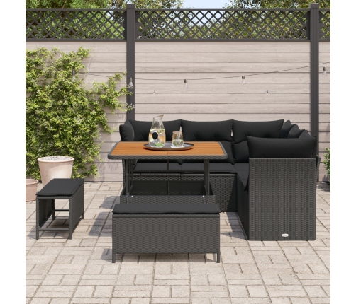 Set de Sofá de Jardín de 8 Piezas con Cojines Ratán Poliéster Acacia Negra,  Set de Comedor de Jardín de 3 Piezas con Cojines Ratán Poliéster Acacia Negra