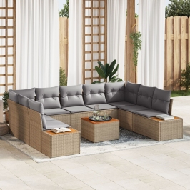 Conjunto de Sofá de Jardín  de 10 Piezas con Cojines Beige Poliratán Acacia