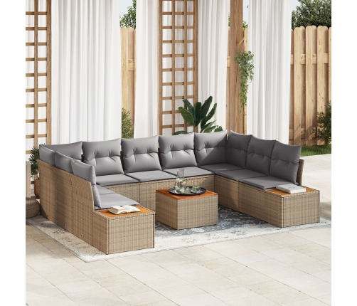 Conjunto de Sofá de Jardín  de 10 Piezas con Cojines Beige Poliratán Acacia