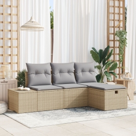 Conjunto de Sofá de Jardín  de 4 Piezas con Cojines Beige Ratán Poli