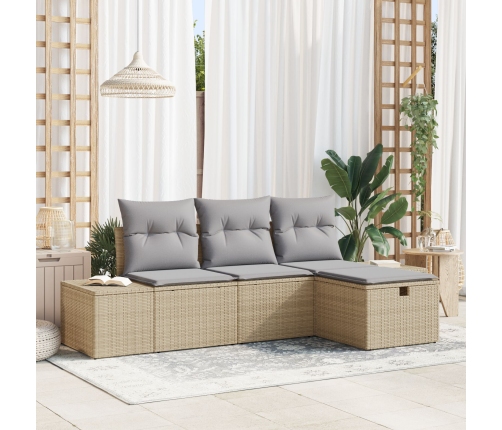 Conjunto de Sofá de Jardín  de 4 Piezas con Cojines Beige Ratán Poli