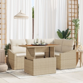 Juego de Comedor de Jardín de 5 Piezas con Cojines Beige de Ratán Poliéster Acacia