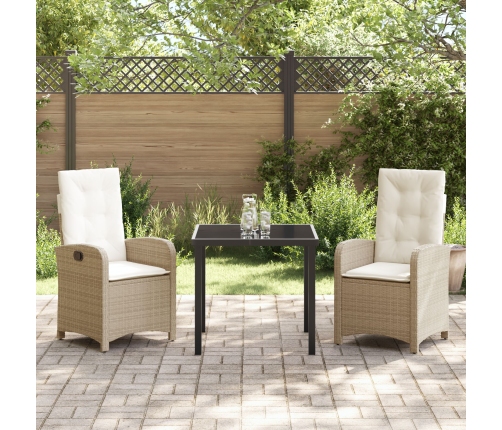 Set de Comedor de Jardín de 3 Piezas con Cojines Beige Poliratán