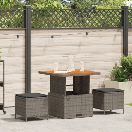 Conjunto de Comedor de Jardín de 3 Piezas con Cojines Gris de Poliratán y Acacia