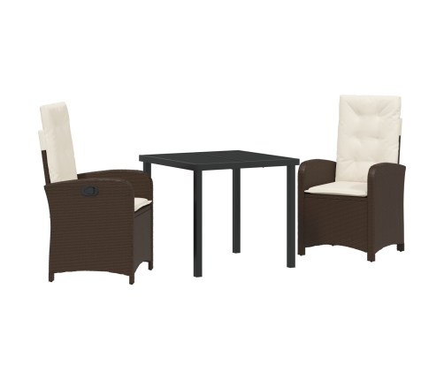 Set de comedor de jardín de 3 piezas con cojines - Rattan polimérico marrón