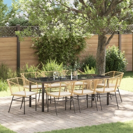 Conjunto de Comedor de Jardín  de 9 Piezas con Cojines de Ratan Poliéster Marrón