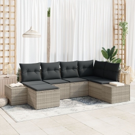 Set de Sofás de Jardín de 6 Piezas con Cojines en Poliratán Gris Claro