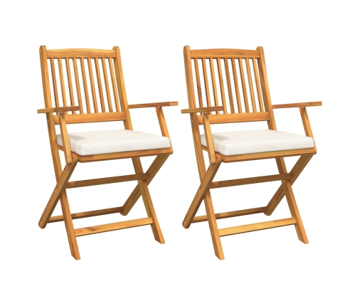 Sillas de jardín plegables  con cojín blanco 2pcs de madera de acacia maciza