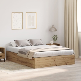 Cama con Almacenamiento Roble Artesanal Madera Elaborada Doble