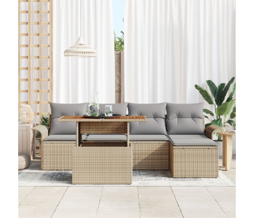 Juego de Comedor de Jardín de 6 piezas con Cojines Beige Ratán Poli Acacia