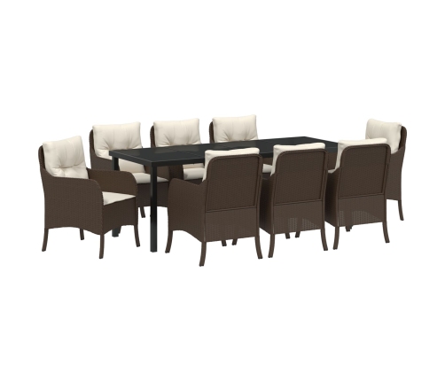 Conjunto de Comedor de Jardín  de 9 Piezas con Cojines Marrón Poliratán