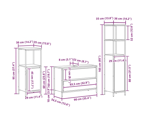 Conjunto de Muebles de Baño de 3 Piezas  Gris Sonoma de Madera Elaborada