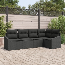 Set de sofá de jardín de 5 piezas con cojines Negro Poliratán