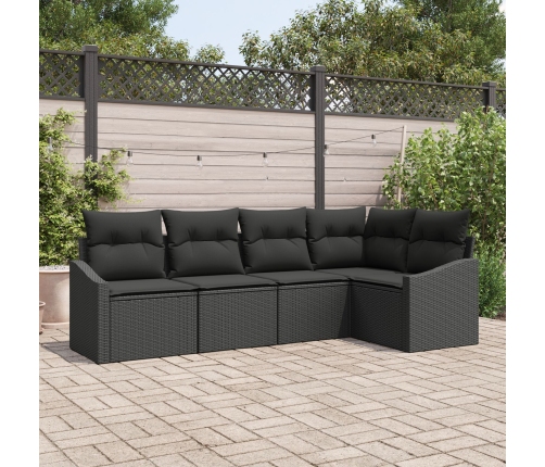 Set de sofá de jardín de 5 piezas con cojines Negro Poliratán