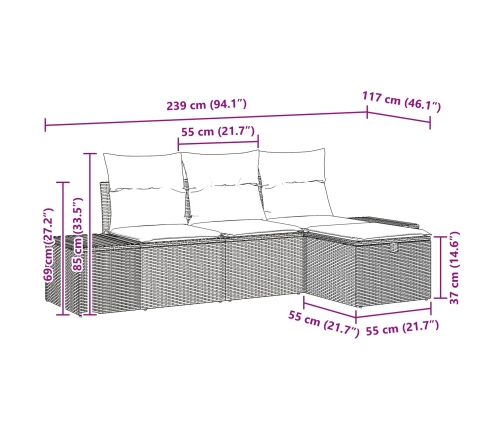 Conjunto de Sofá de Jardín de 4 Piezas con Cojines Ratán Plástico Beige