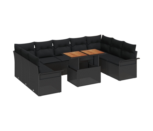 Juego de Comedor de Jardín de 10 Piezas con Cojines Negro Poliratán Acacia