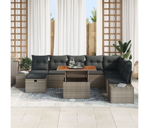 Conjunto de Comedor de Jardín de 9 Piezas con Cojines Gris de Ratán Poliéster