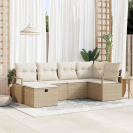 Juego de Sofás de Jardín de 6 Piezas con Cojines Beige Ratán,  Sofá de Jardín de 2 Plazas con Almacenamiento y Cojines Beige Ratán