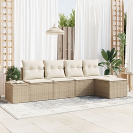 Juego de Sofá de Jardín de 5 Piezas con Cojines Beige Poliratán