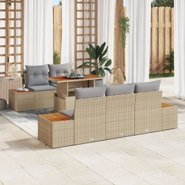 Conjunto de Comedor de Jardín de 6 Piezas con Cojines Beige Poliratán Acacia