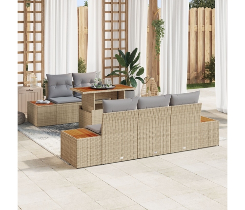 Conjunto de Comedor de Jardín de 6 Piezas con Cojines Beige Poliratán Acacia