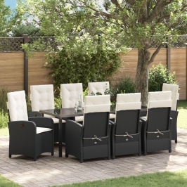 Set de Comedor de Jardín  de 9 Piezas con Cojines Poliratán Negro