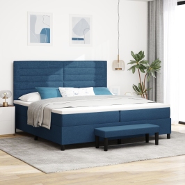 Cama Box Spring con Colchón y Banco Azul 200x200 cm Tela