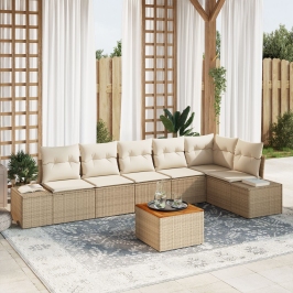 Conjunto de Sofás de Jardín de 7 Piezas con Cojines Beige de Ratán de Polietileno y Acacia