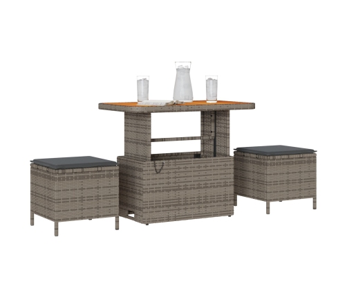 Conjunto de Comedor de Jardín de 3 Piezas con Cojines Gris en Poliratán y Acacia