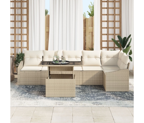 Juego de Sofás de Jardín de 7 Piezas con Cojines Beige Poliratán