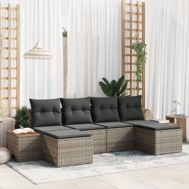 Conjunto de Sofá de Jardín de 6 Piezas con Cojines Gris Ratán Poliéster Acacia