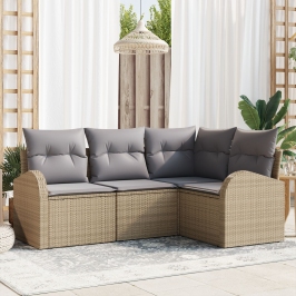 Juego de Sofá de Jardín  de 4 Piezas con Cojines Beige Poliratán