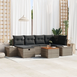 Conjunto de Sofá de Jardín  de 7 Piezas con Cojines Gris Poliratán