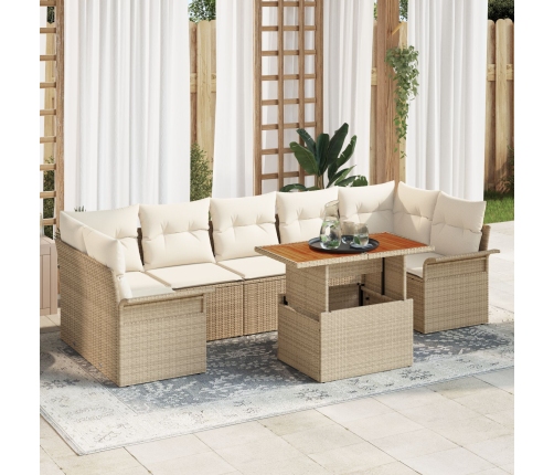 Juego de Sofá de Jardín de 8 Piezas con Cojines Beige Ratán Poli Acacia