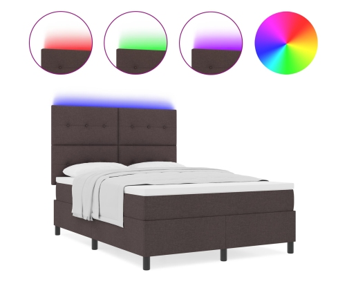 Cama con somier con colchón y LED Marrón oscuro 140x190 cm Tela