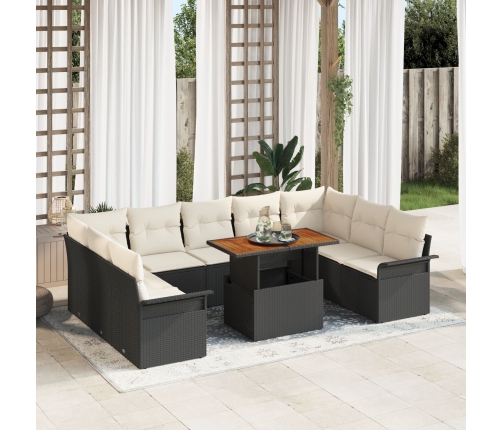 Juego de Comedor de Jardín de 10 Piezas con Cojines Negro Poliratán Acacia