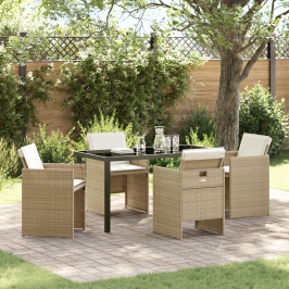 Conjunto de comedor de jardín  de 5 piezas con cojines de poliratán beige