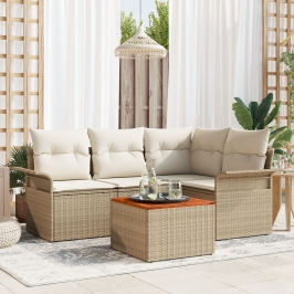 Juego de sofá de jardín de 5 piezas con cojines beige en poliratán y acacia