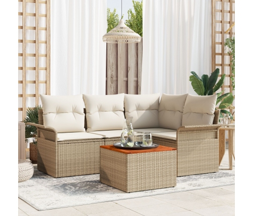 Juego de sofá de jardín de 5 piezas con cojines beige en poliratán y acacia
