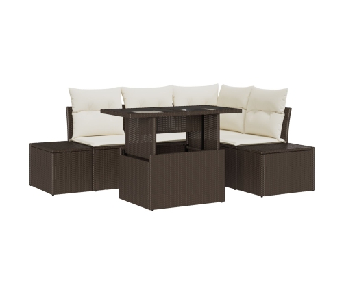 Conjunto de sofá de jardín de 5 piezas con cojines marrón de poli-rattan